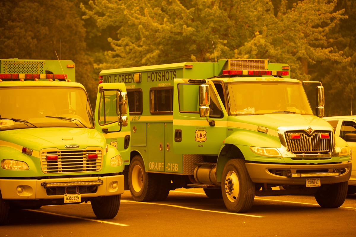 Wildfire vehicles using Salem Campus as staging area
