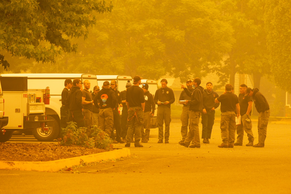 Firefighters stationed at Chemeketa gathering for a meeting.